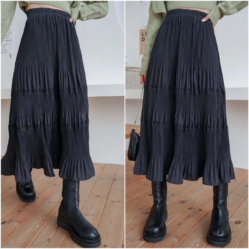Luxe High Waisted Pleated Ruffle Maxi Skirt - Picture 2 of 4